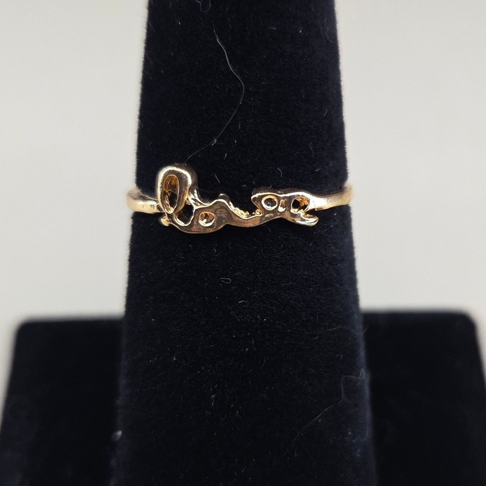 Gold Tone Love Script Dainty Stacking Ring Size 7.5 Minimalist Cursive Jewelry